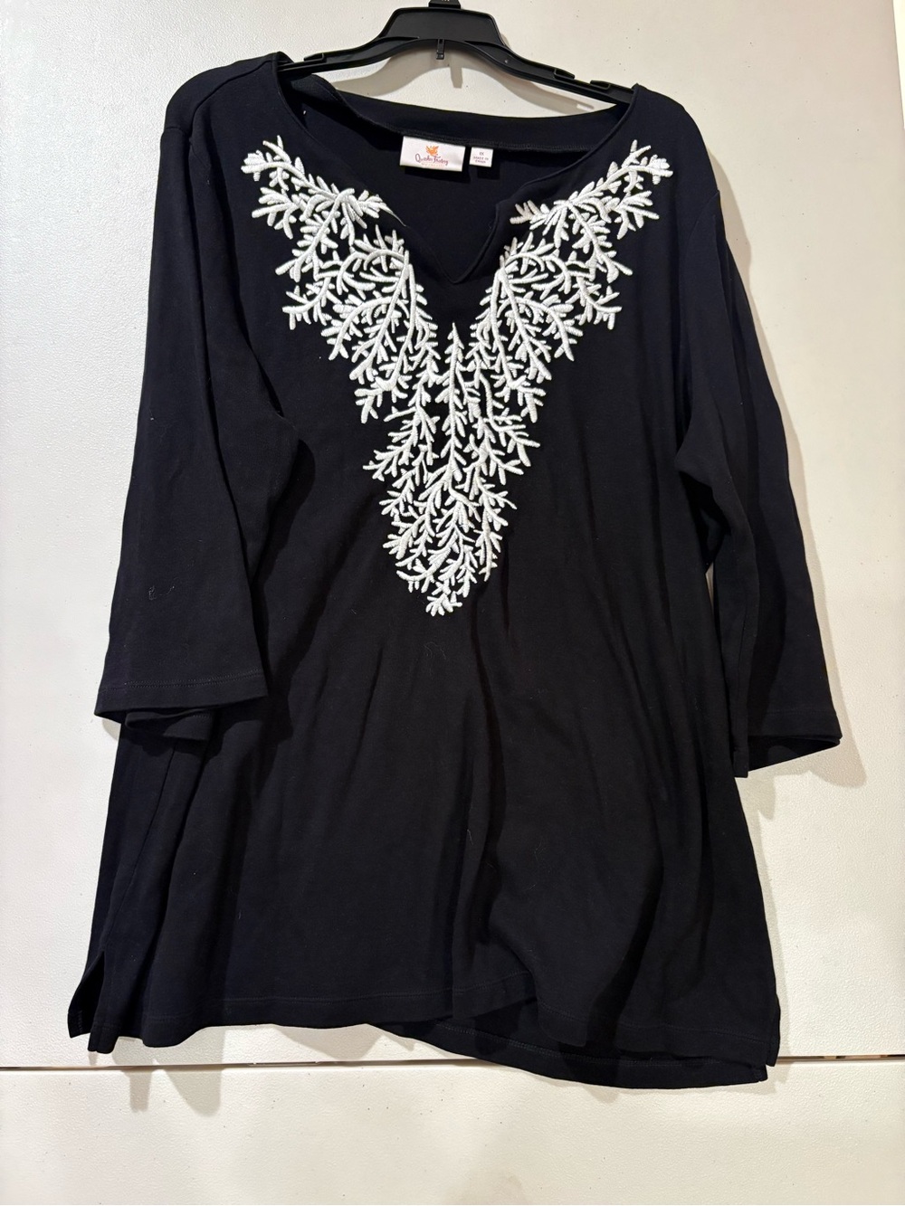 Quacker Factory Black Tunic with White Embroidered V-Detail